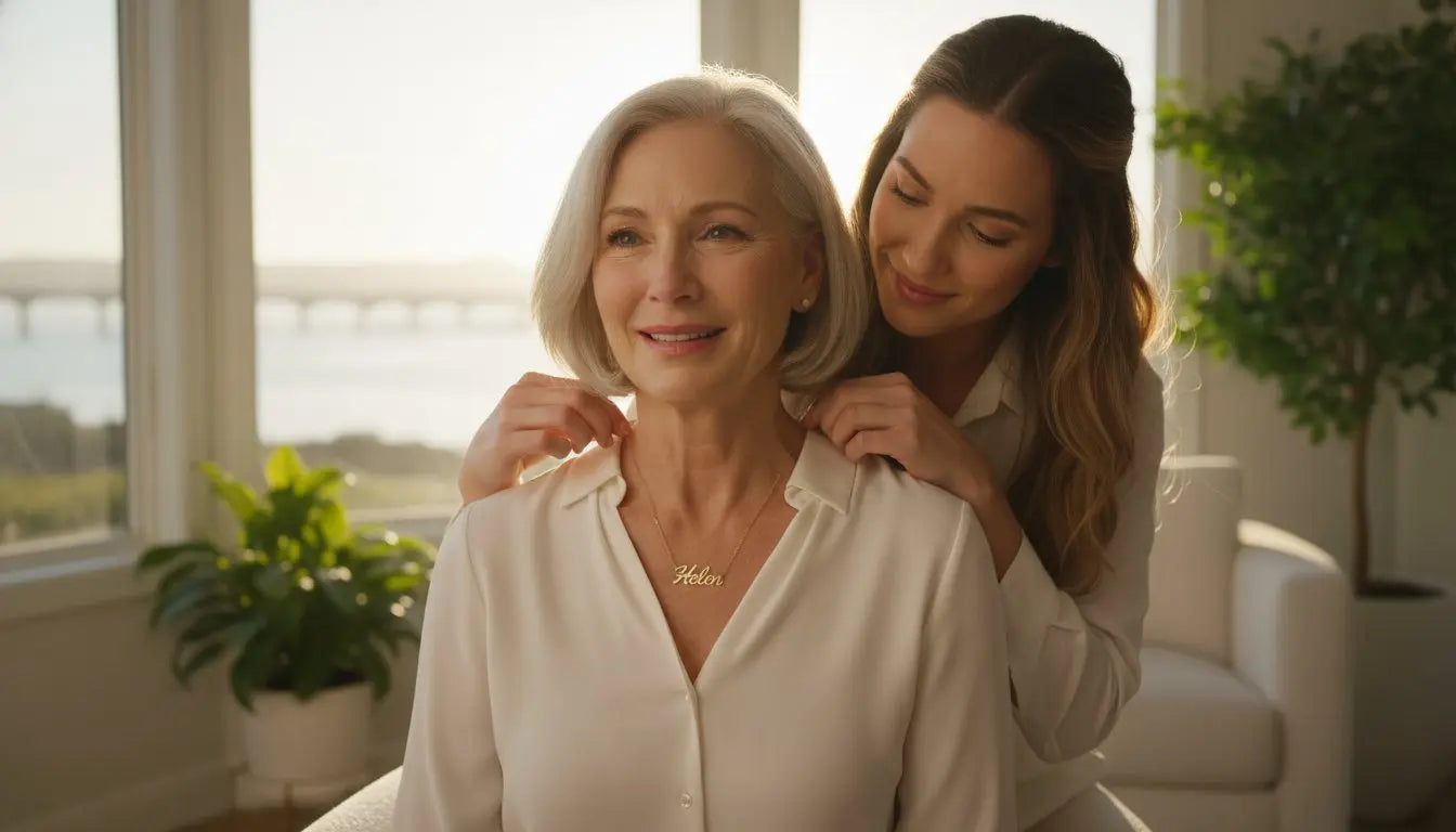 Daughter standing behind her mother with hands on her shoulders in a bright living room