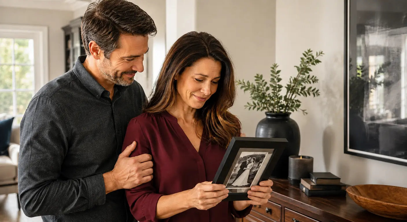 Couple looking together at a framed anniversary keepsake photo