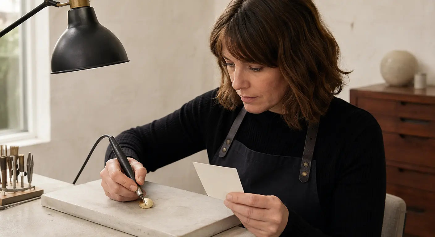 Woman writing a personal note beside a gift box while planning a personalized present