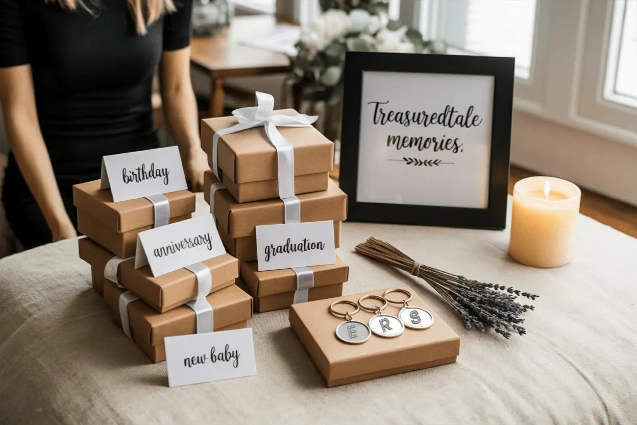 Stacked kraft gift boxes labelled birthday, wedding, graduation and new baby beside a candle
