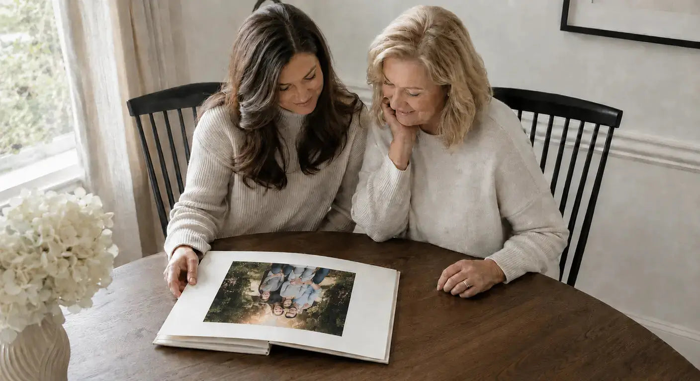 Two women looking through a photo album together at a table with white flowers