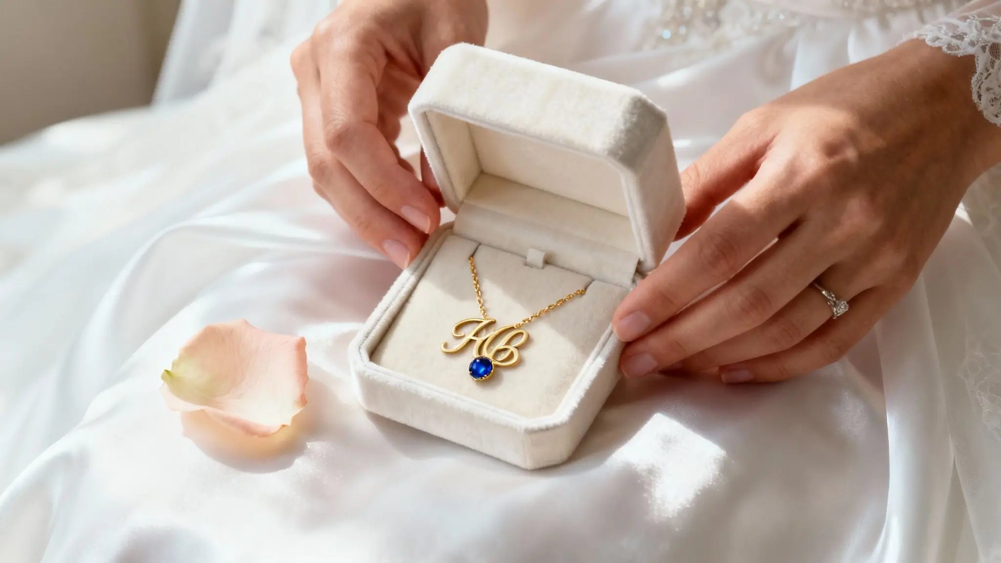 Hands opening a jewelry box with a gold pendant and blue stone on white fabric with rose petals