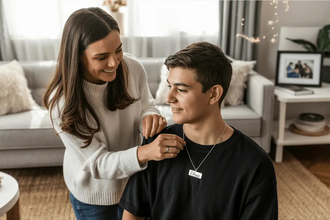 Woman adjusting a personalized pendant necklace on a young man in a warm living room