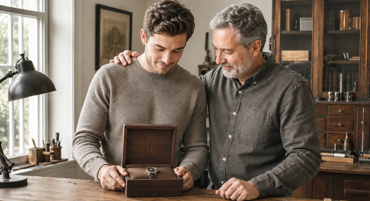 Father and adult son opening a wooden watch box keepsake together at a desk