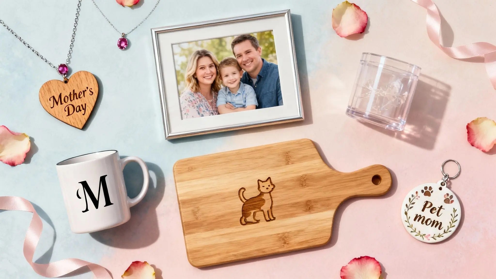 Flat lay of personalized mother's day gifts with a photo frame, monogram mug and engraved board