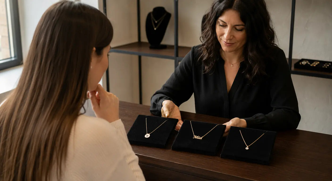 Woman choosing a personalized necklace from a display tray with a jewellery adviser