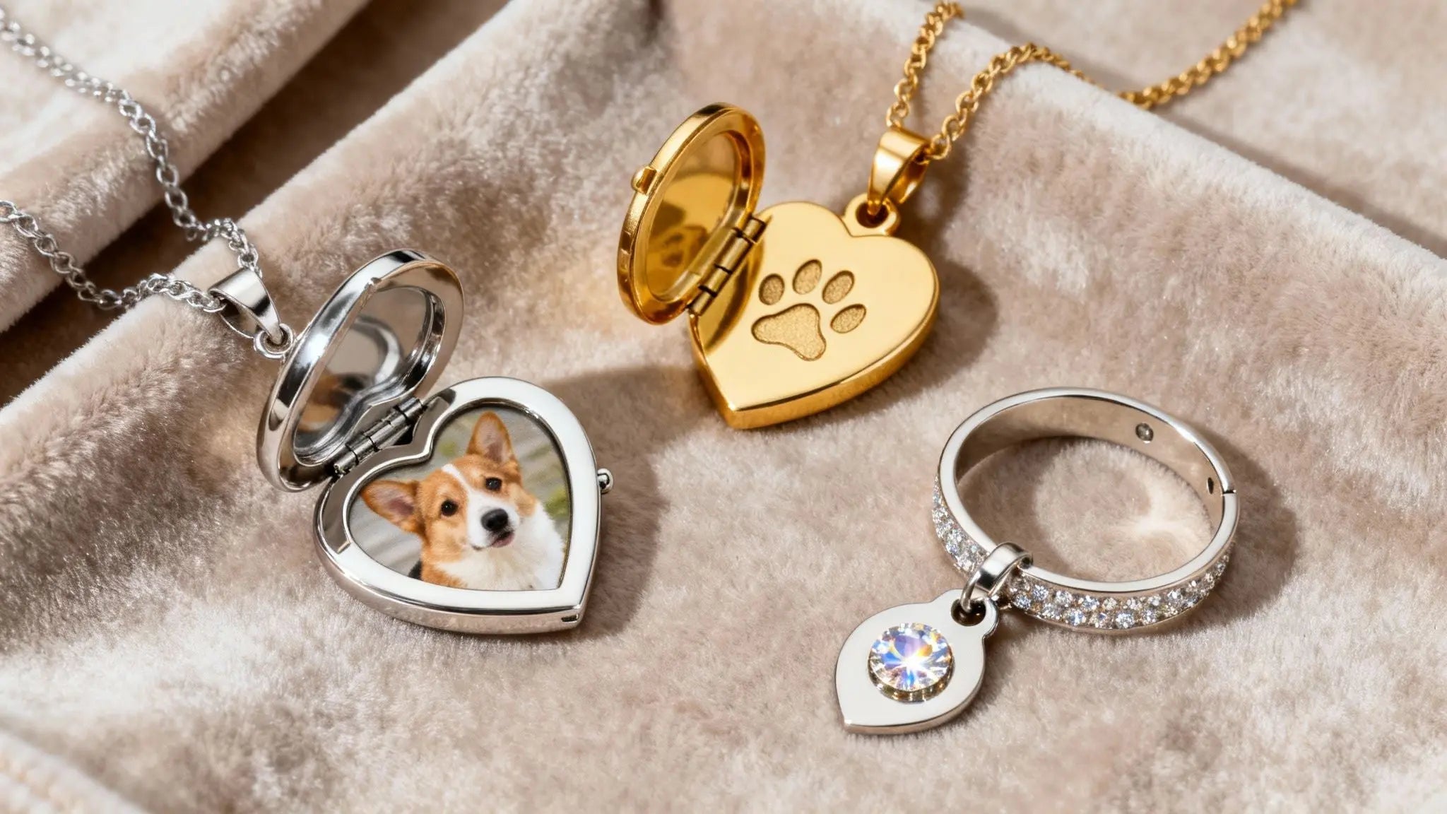 Pet memorial jewelry with a heart photo locket, gold paw print pendant and engraved rings