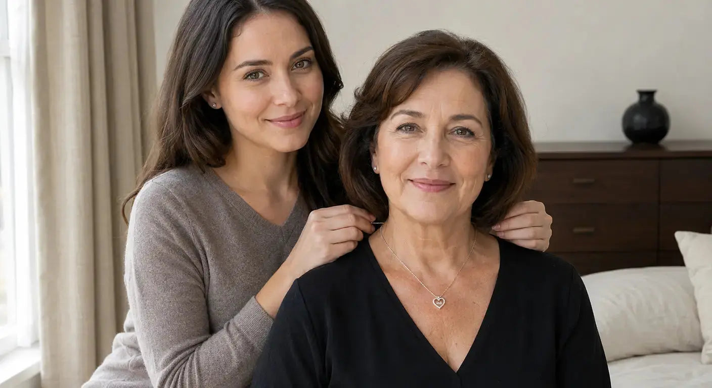 Daughter standing behind her mother with hands on her shoulders, both smiling warmly