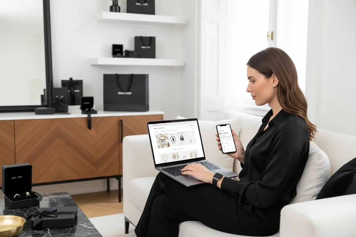 Frau kauft schmuck online am laptop auf dem sofa, sicherer schmuckkauf im internet