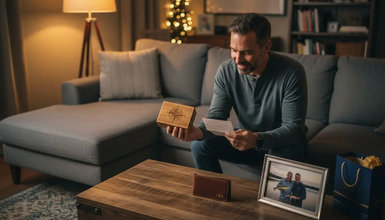 Man on the sofa opening a wooden keepsake box, a smart personalized gift for men