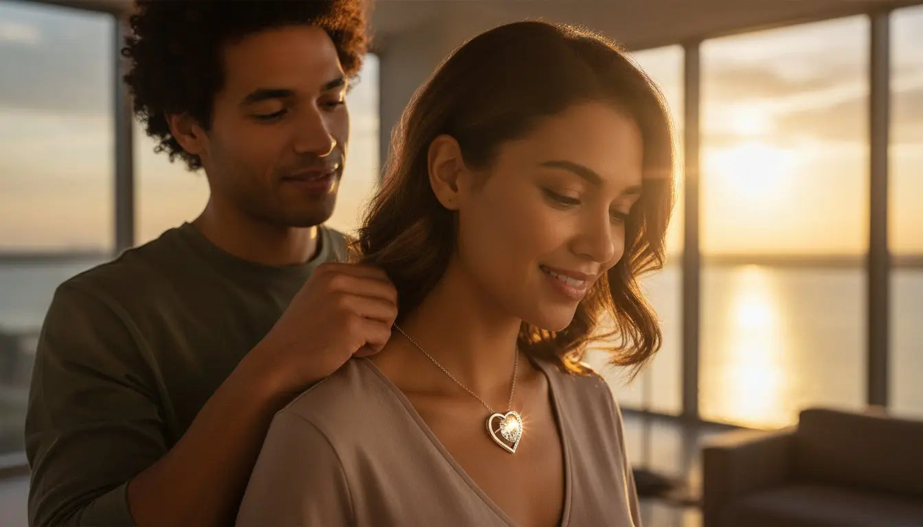 Man fastening a heart pendant forever love necklace on his partner at sunset