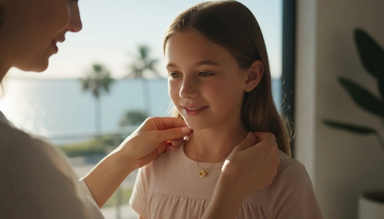Mother fastening a keepsake daughter necklace on her young girl by the sea