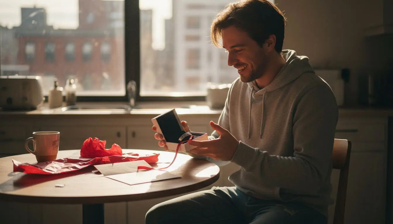 Man opening a small personalized gift box at a table by a city window
