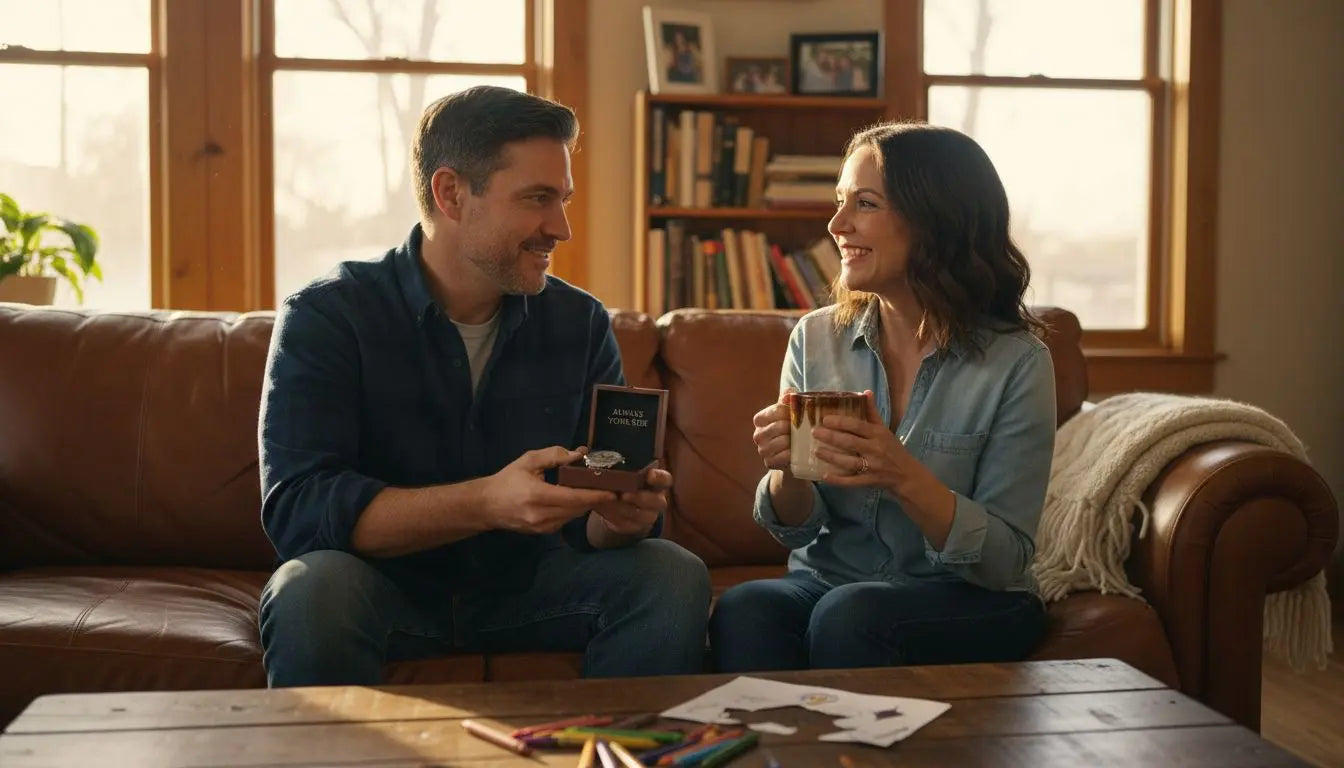 Couple on the sofa as the husband opens a personalized gift from his wife