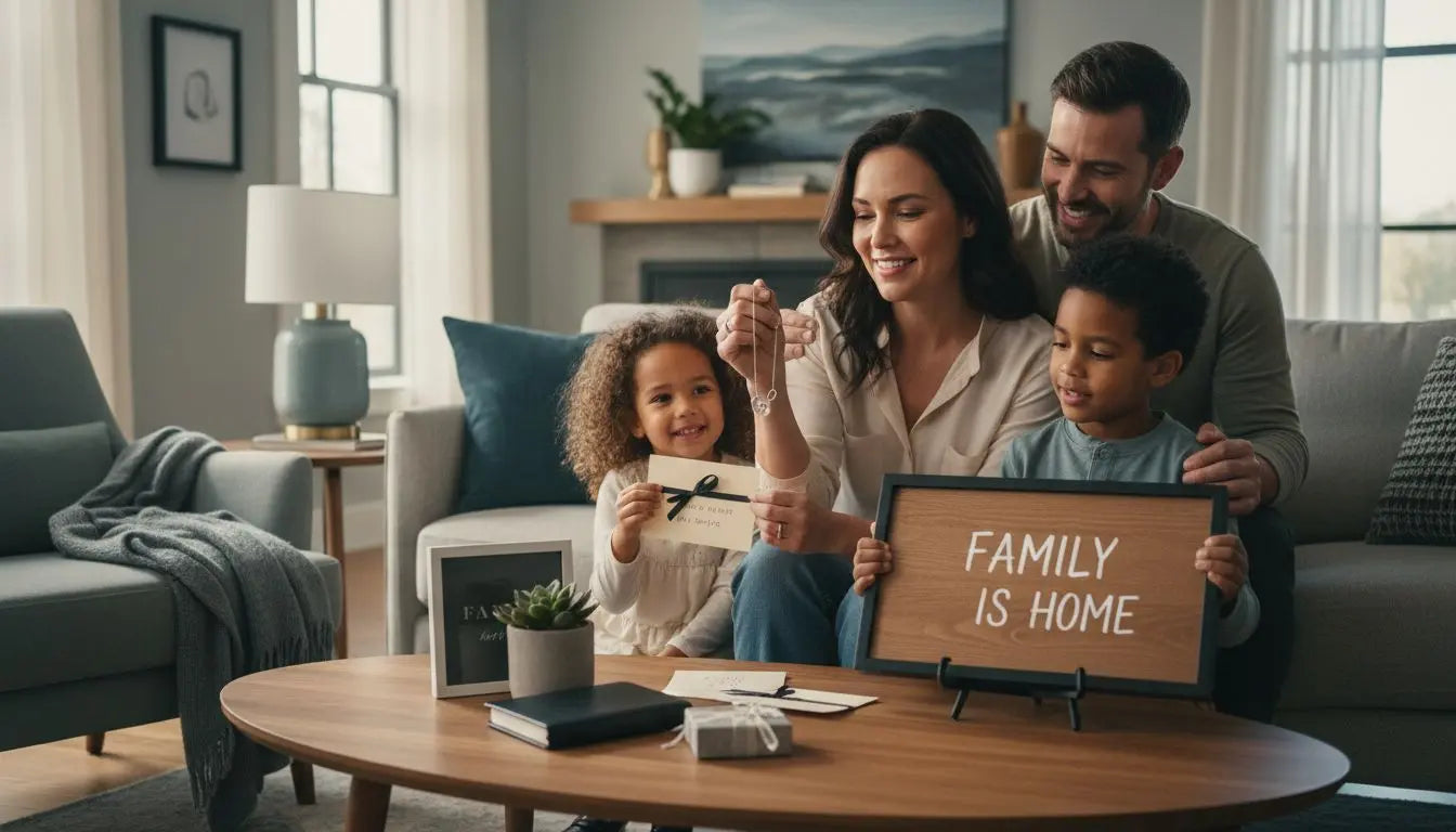 Family on the sofa holding a family is home sign, a thoughtful mother's day moment