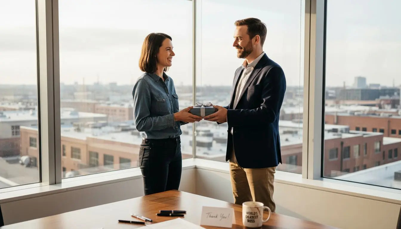 Two coworkers exchanging a small thank you gift by an office window