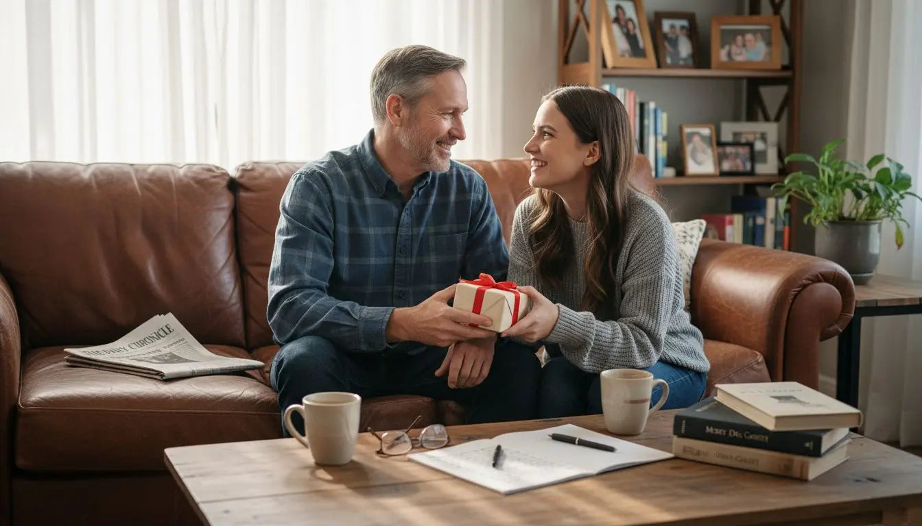 Daughter handing her dad a wrapped gift on the sofa, a thoughtful gift from daughter