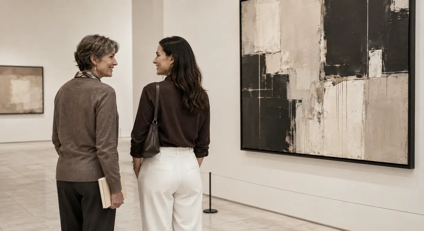 Two women looking at a large abstract painting in a gallery, a museum visit gift idea