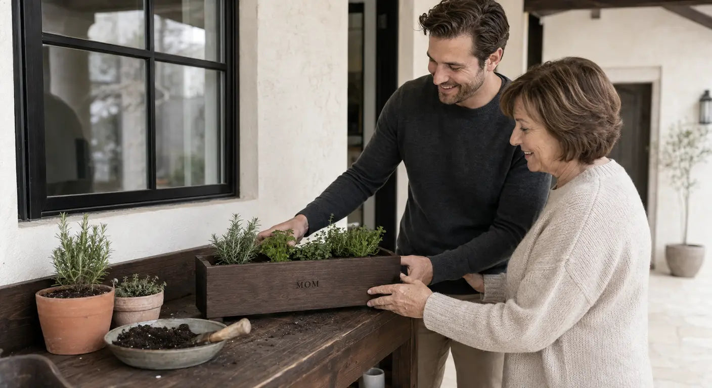 Man and his mother planting herbs together in a wooden planter, a thoughtful gift for mom
