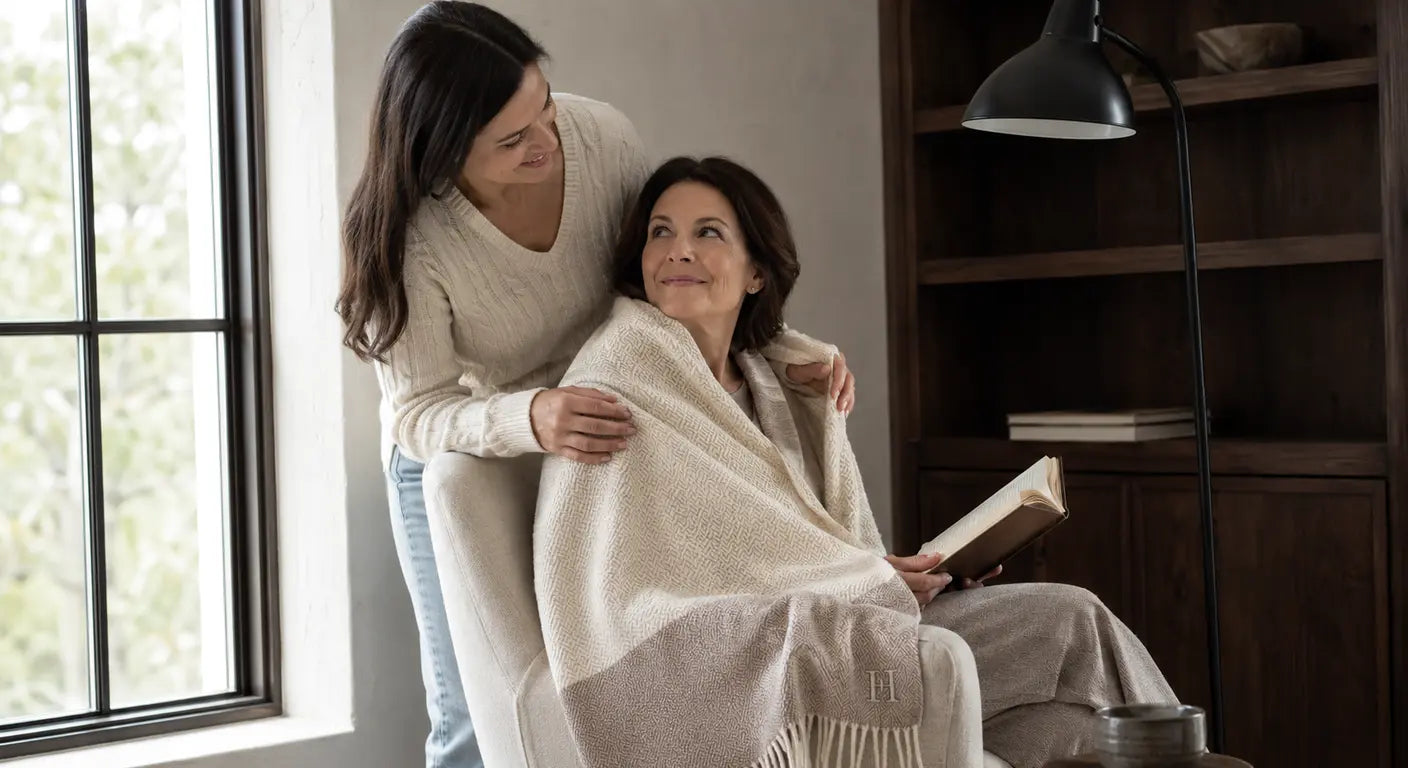 Young woman wrapping a personalized knit throw around her mother reading in an armchair