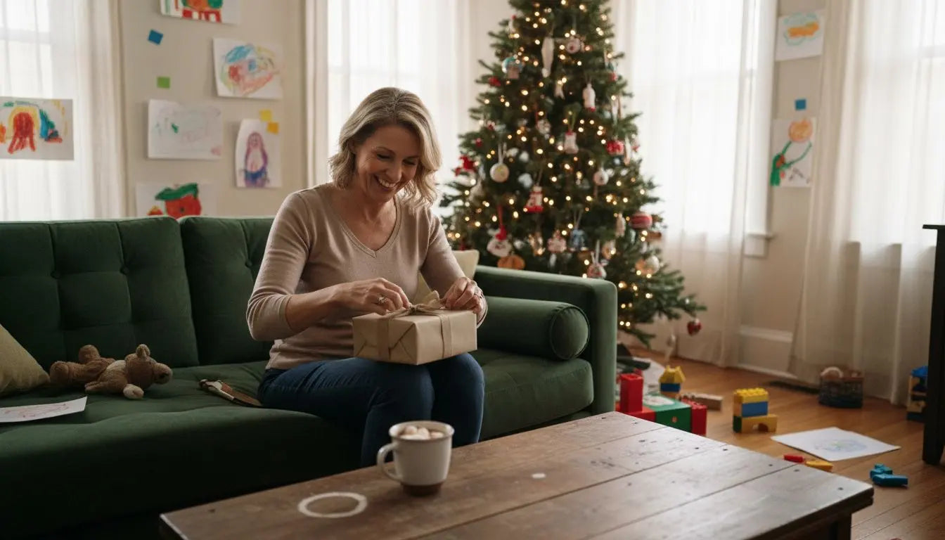 Mum opening a small wrapped christmas gift on the sofa beside the tree
