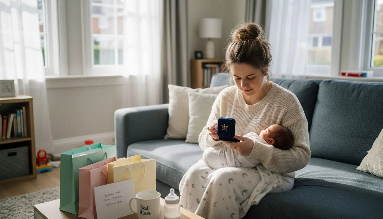 New mum in pyjamas holding her newborn on the sofa beside gift bags