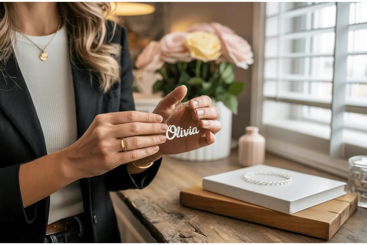 Woman holding a gold script name necklace reading olivia above an open jewelry box