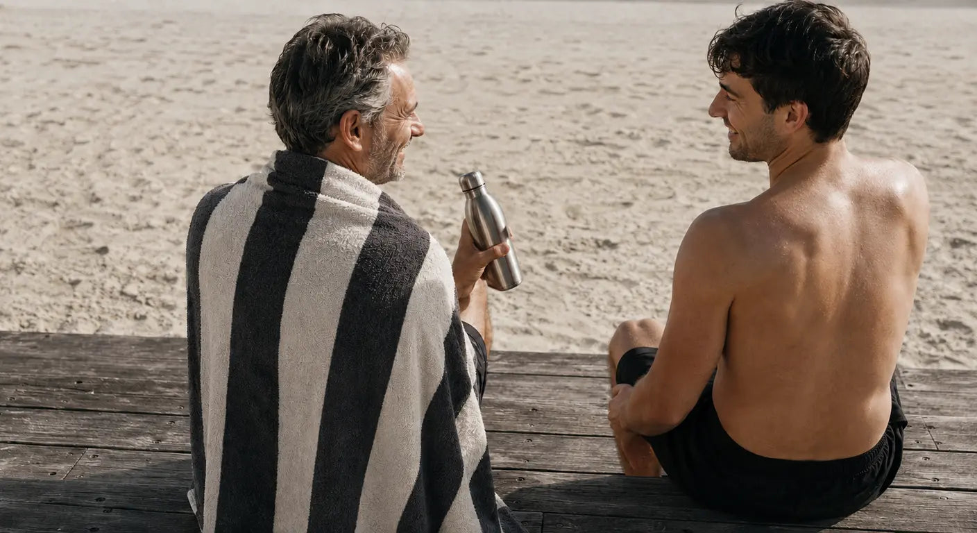 man holding a striped beach towel by the sea, a practical summer gift for dad