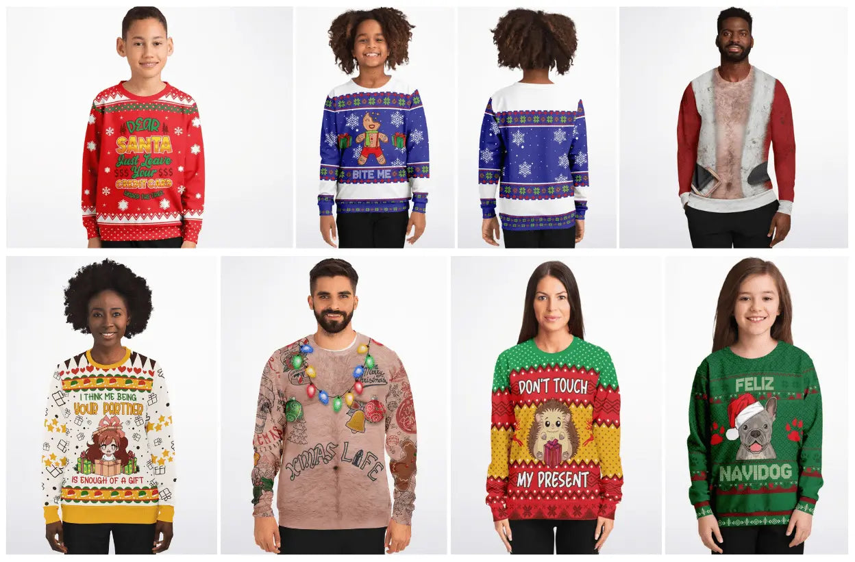 Grid of eight ugly christmas sweaters modelled in red, blue, green and floral prints