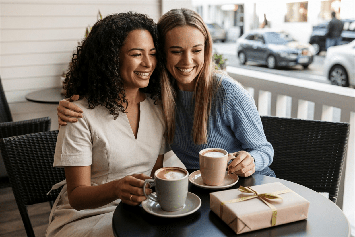 Two smiling women enjoying coffee together and exchanging gifts, capturing the love and bond between unbiological sisters.