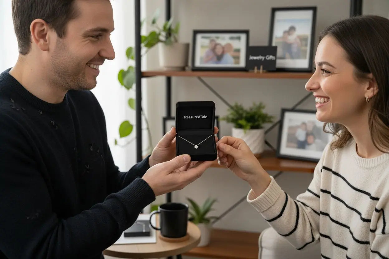 Man presenting an open jewelry box to a smiling woman across the table at home