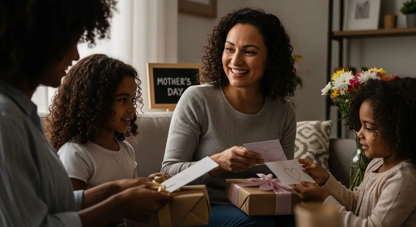 Mother receiving a handmade card and wrapped gifts from her daughters on mother's day