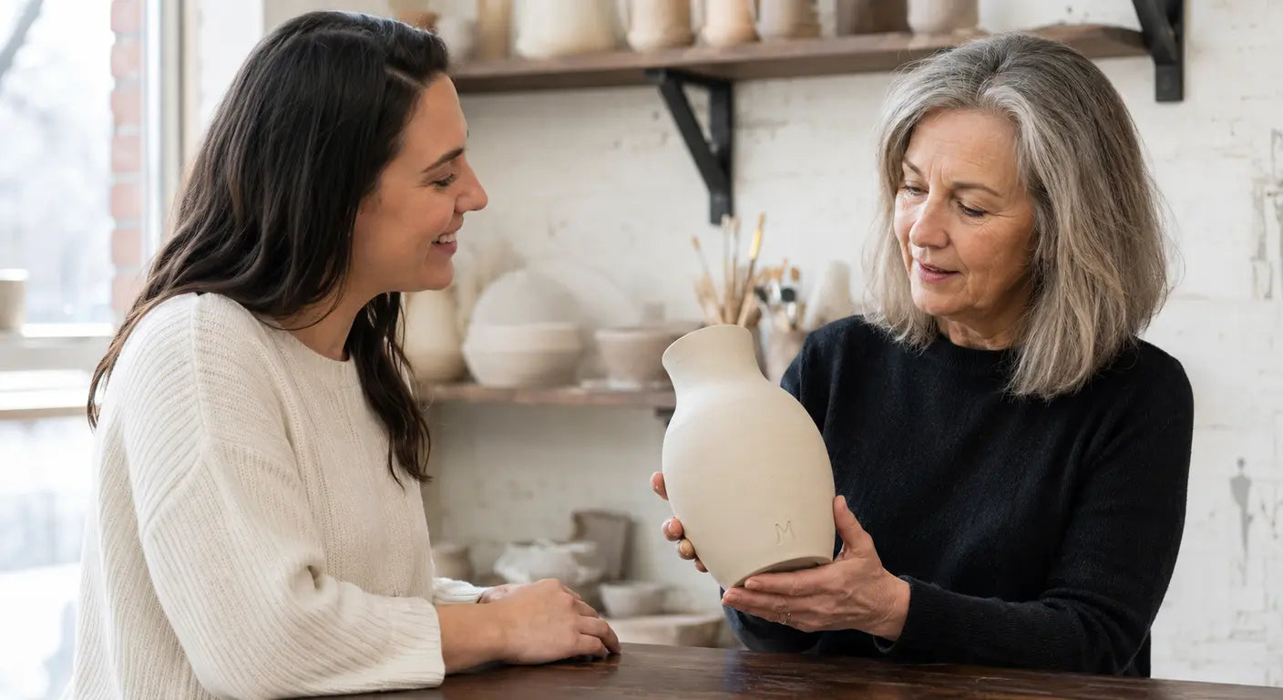 Woman showing a personalized ceramic vase to her mother in a pottery studio