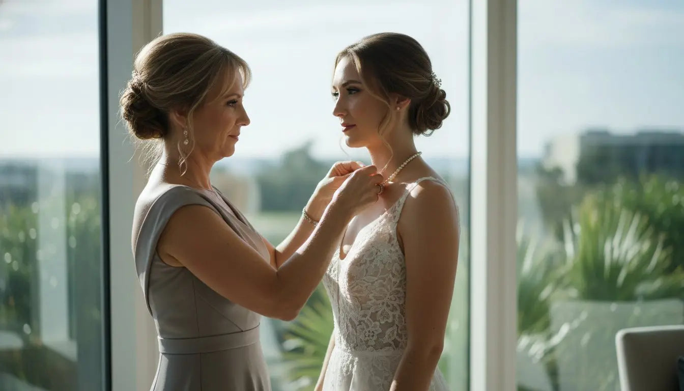 Mother adjusting the bride's pendant necklace before the wedding ceremony