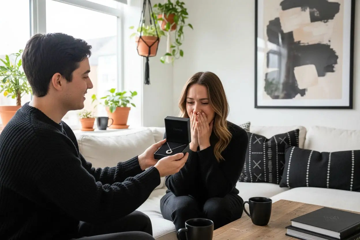 Überraschte frau erhält ein einzigartiges geschenk von ihrem partner auf dem sofa