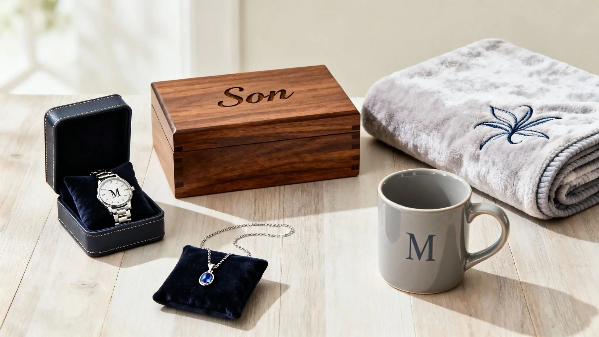 Keepsakes for a son with a wooden box engraved son, a watch, necklace and monogram mug