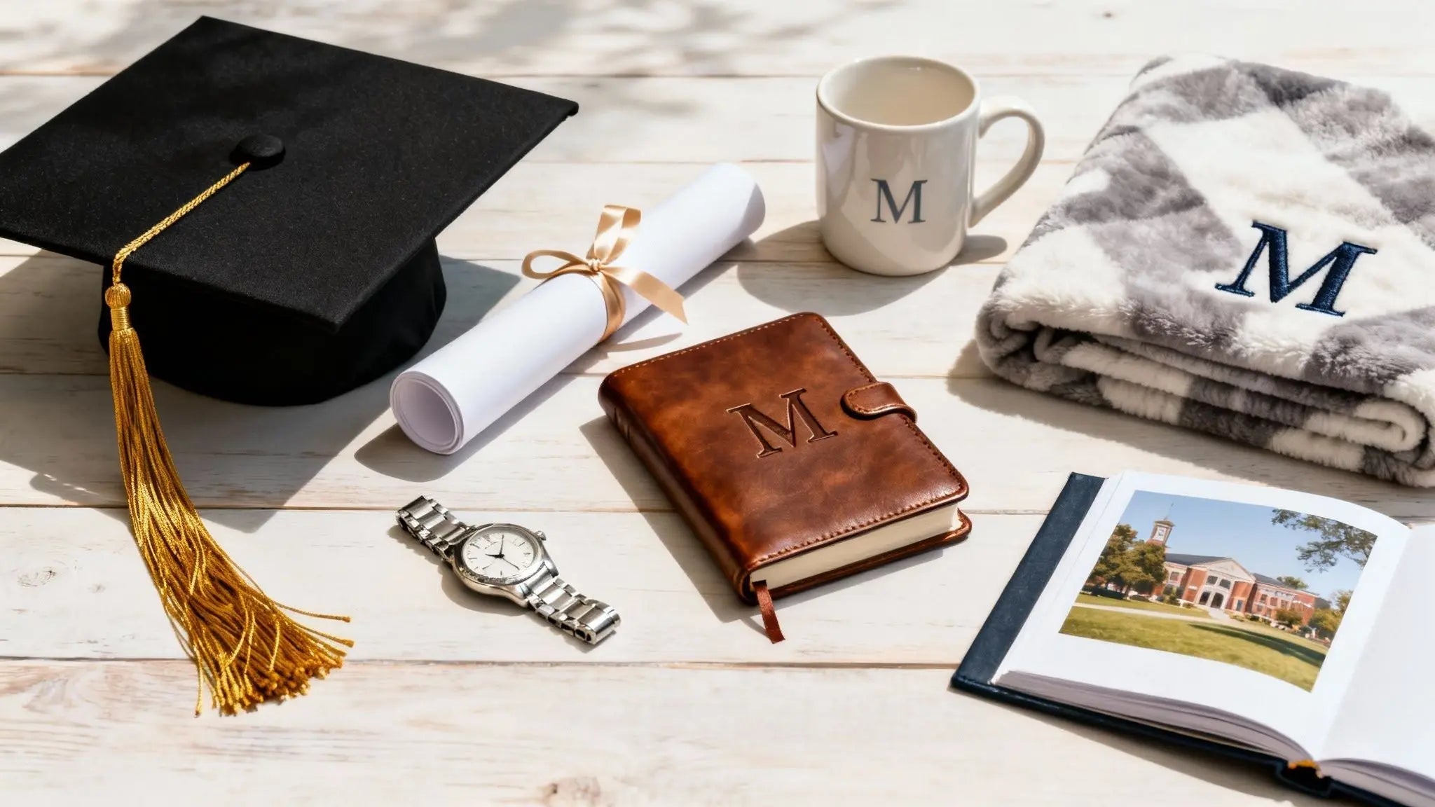 Graduation gifts flat lay with a cap, diploma, monogram mug, leather journal and pocket watch