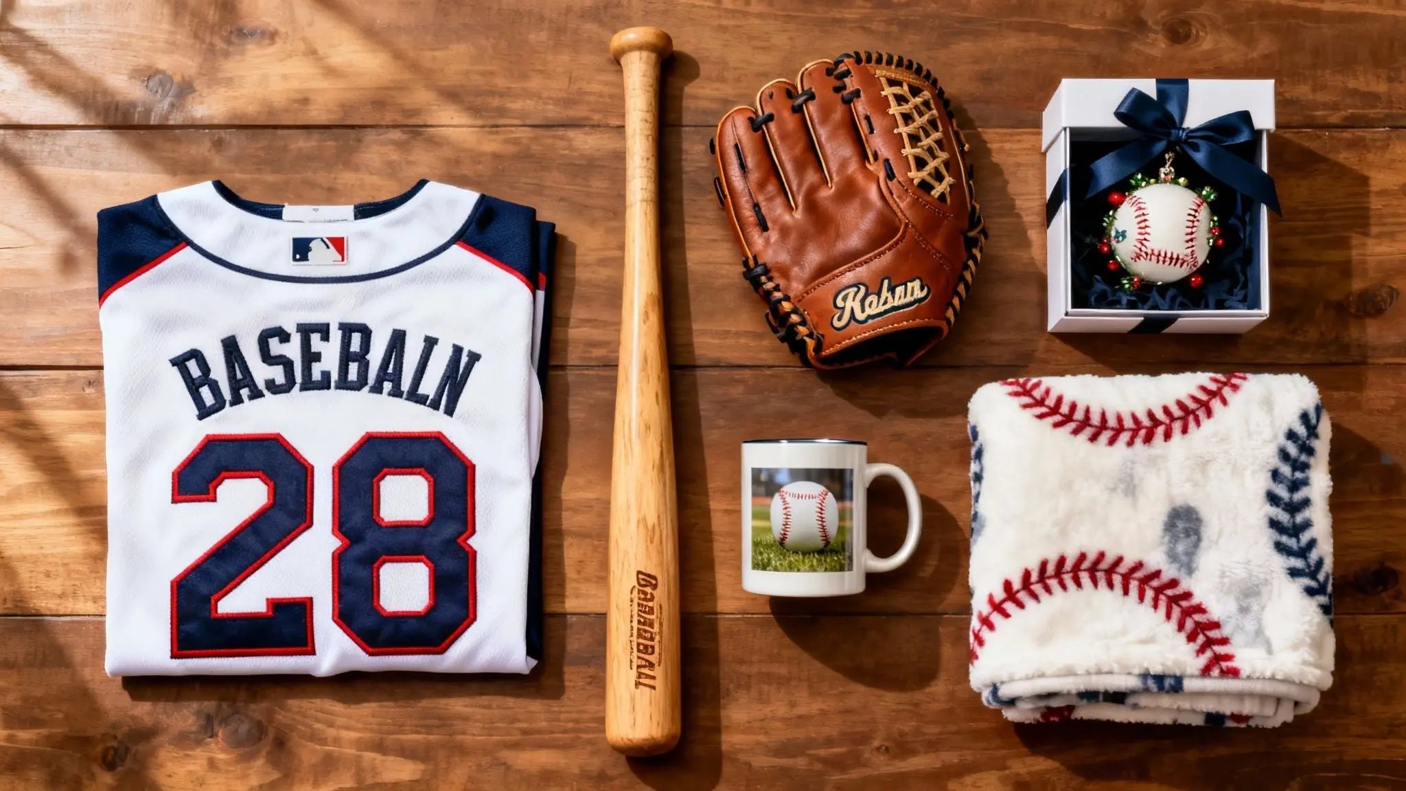 Personalized baseball gifts with a number 28 jersey, bat, glove, signed ball and mug