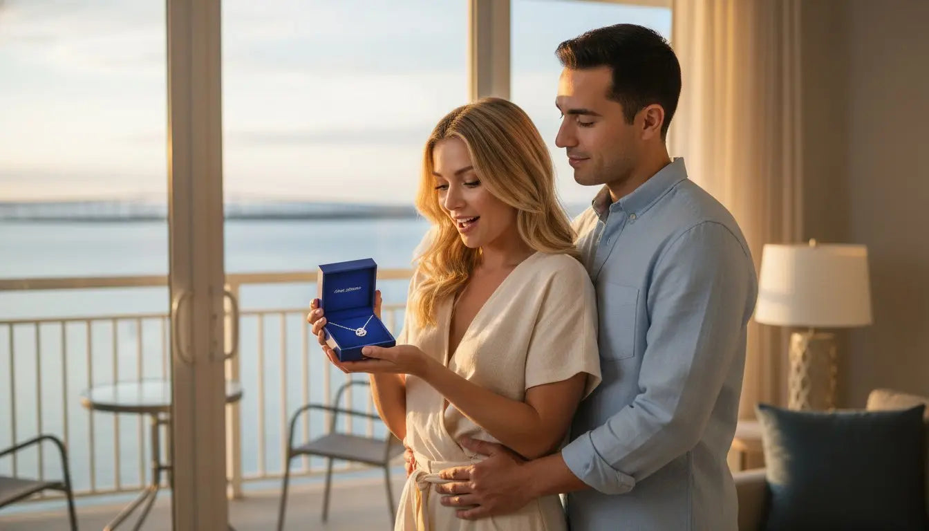 Young woman holding a small navy jewelry box with her boyfriend on a balcony at sunset