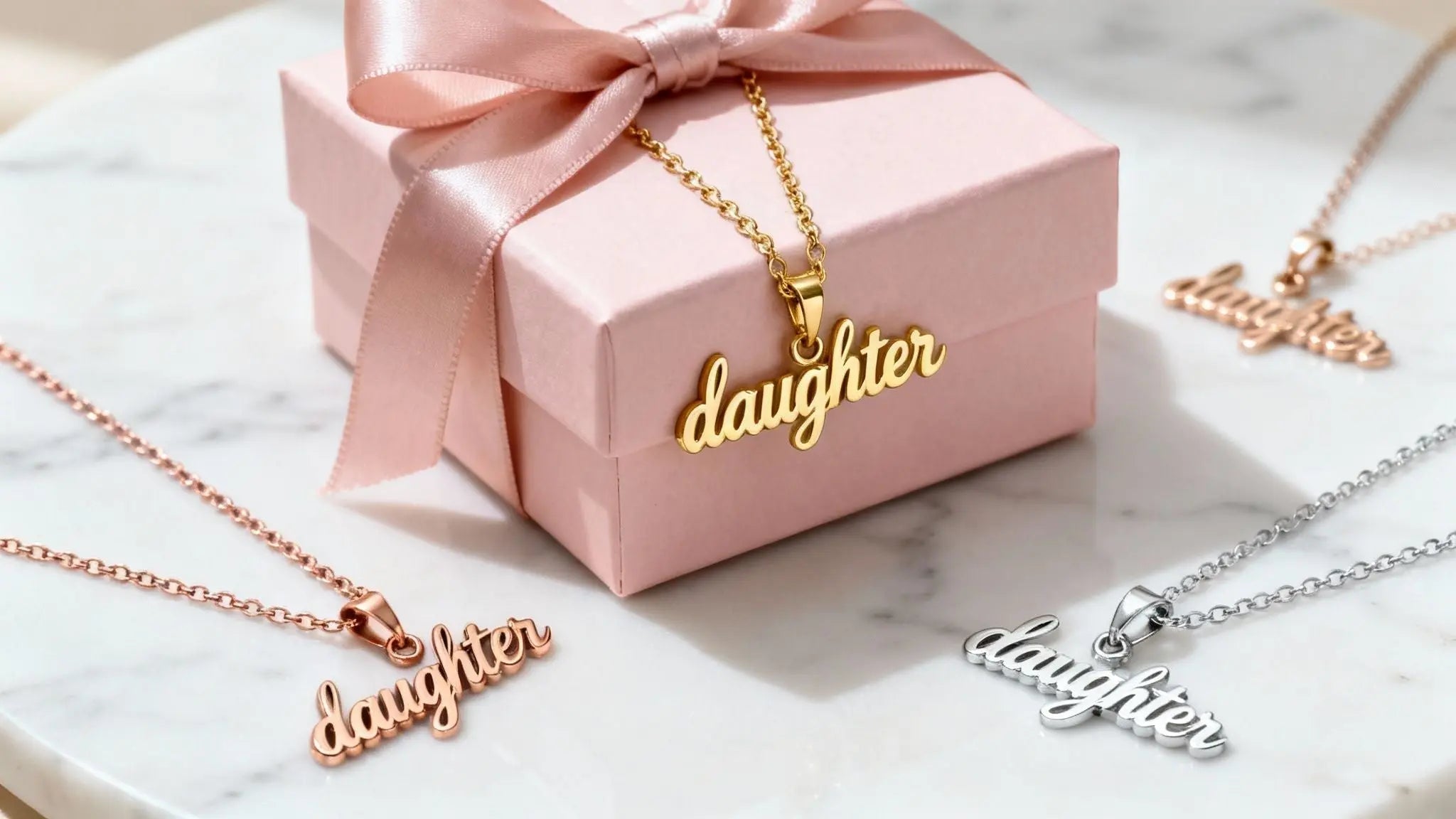 Custom daughter name necklaces in rose gold, gold and silver beside a pink gift box