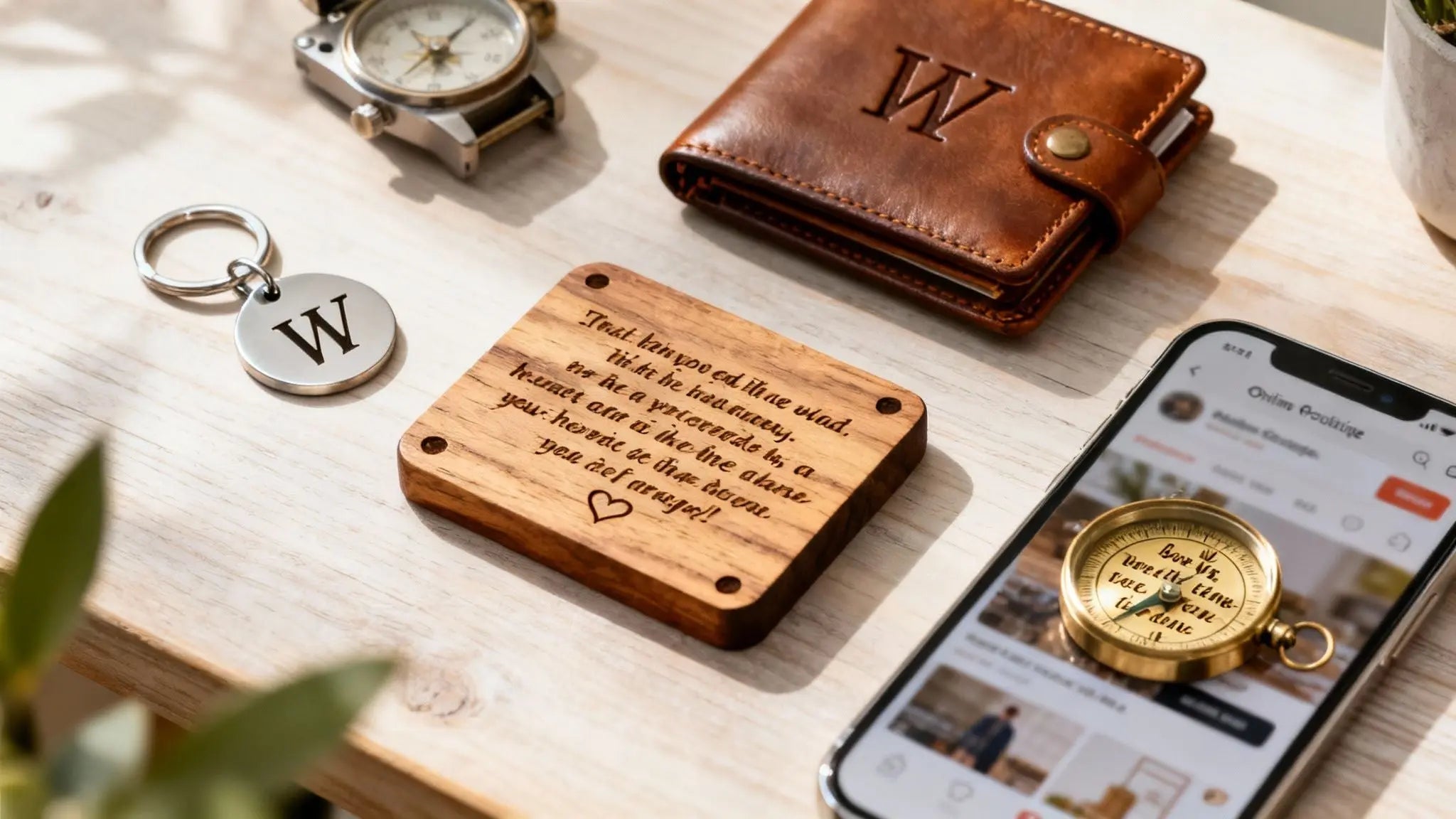 Custom engraved gifts for a son including a monogram leather wallet, keychain and compass