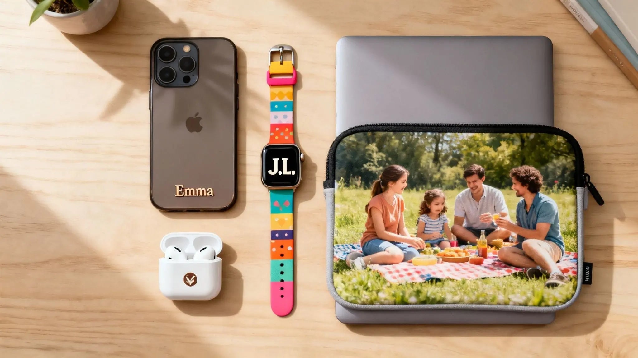 personalized tech accessories with a name phone case, watch band and photo laptop sleeve