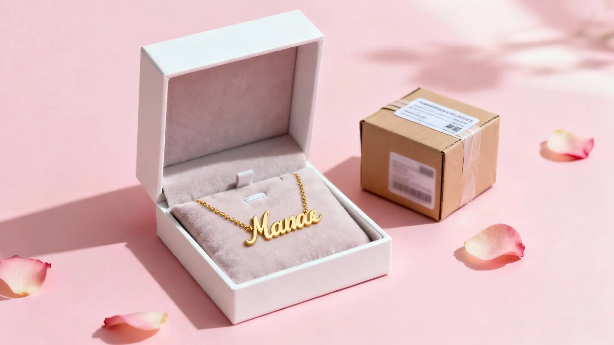 Gold maria name necklace in a white gift box on pink with rose petals and a shipping box