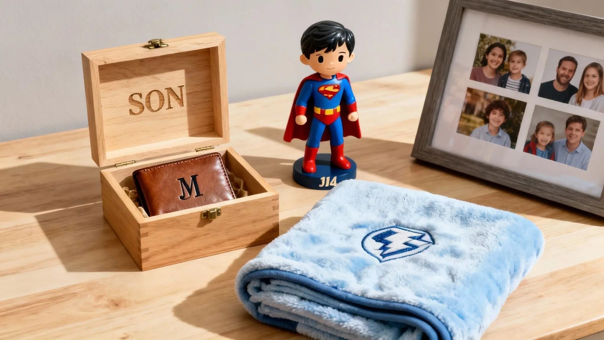 Custom gifts for a son with a wooden box engraved son, a superhero figure and a photo frame