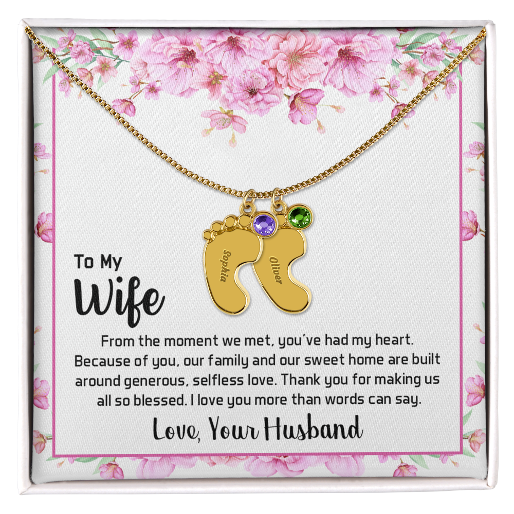 Engraved Baby Feet Necklace with Birthstone for Wife from Husband - Mother's Day Gift