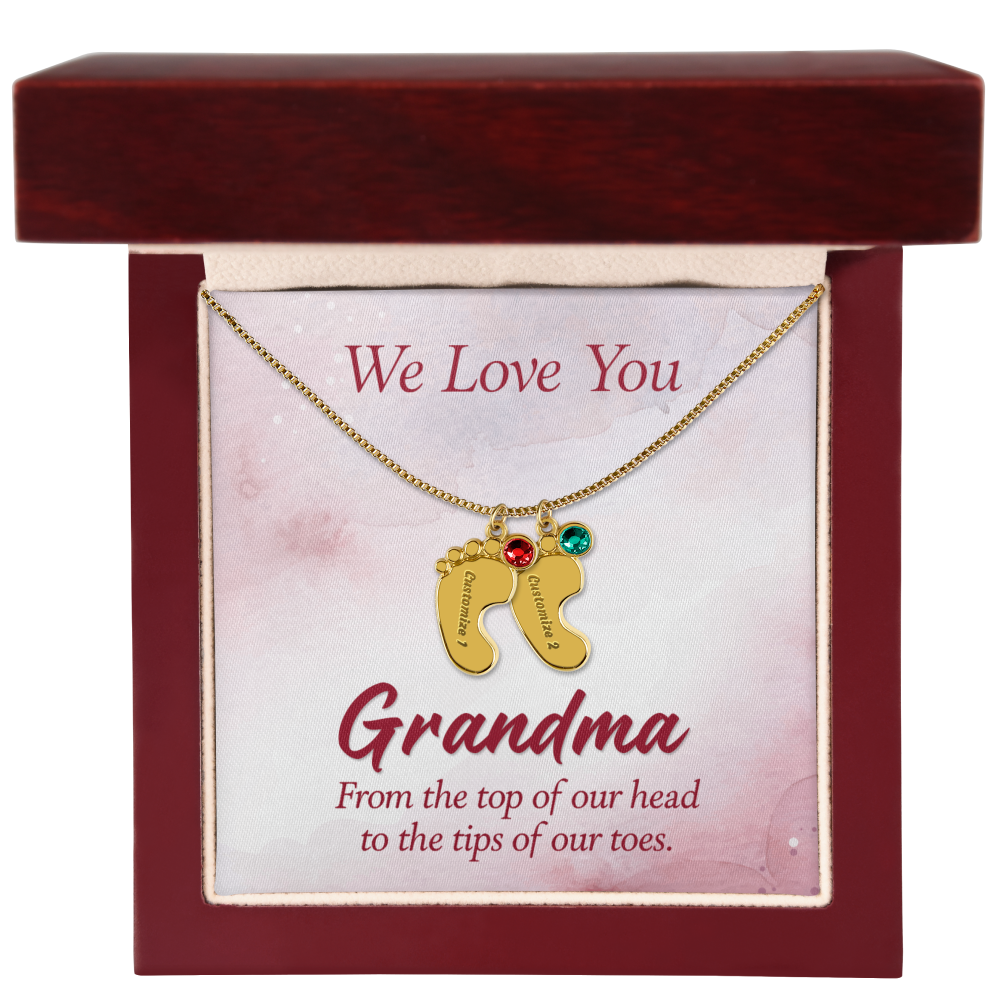 Engraved Baby Feet Necklace with Birthstone for Grandma - Mother's Day Gift