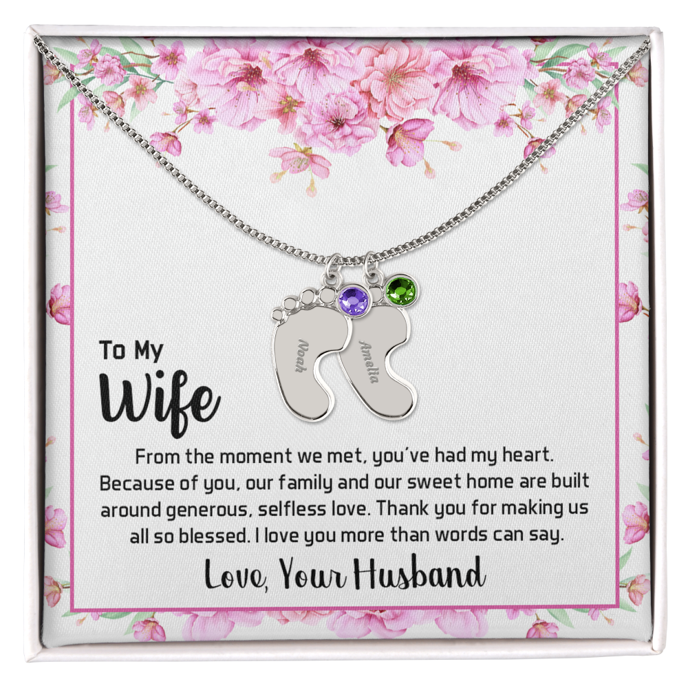 Engraved Baby Feet Necklace with Birthstone for Wife from Husband - Mother's Day Gift