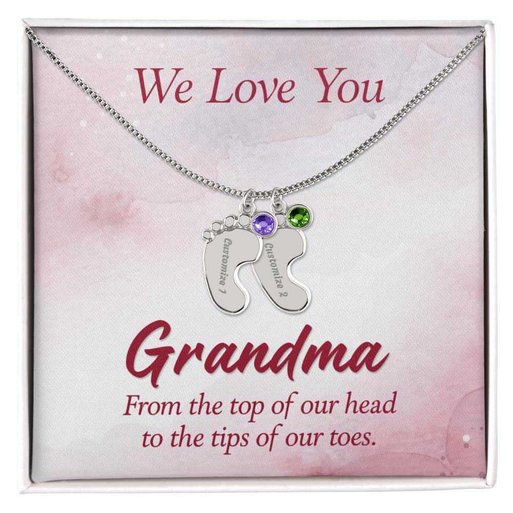Engraved Baby Feet Necklace with Birthstone for Grandma - Mother's Day Gift