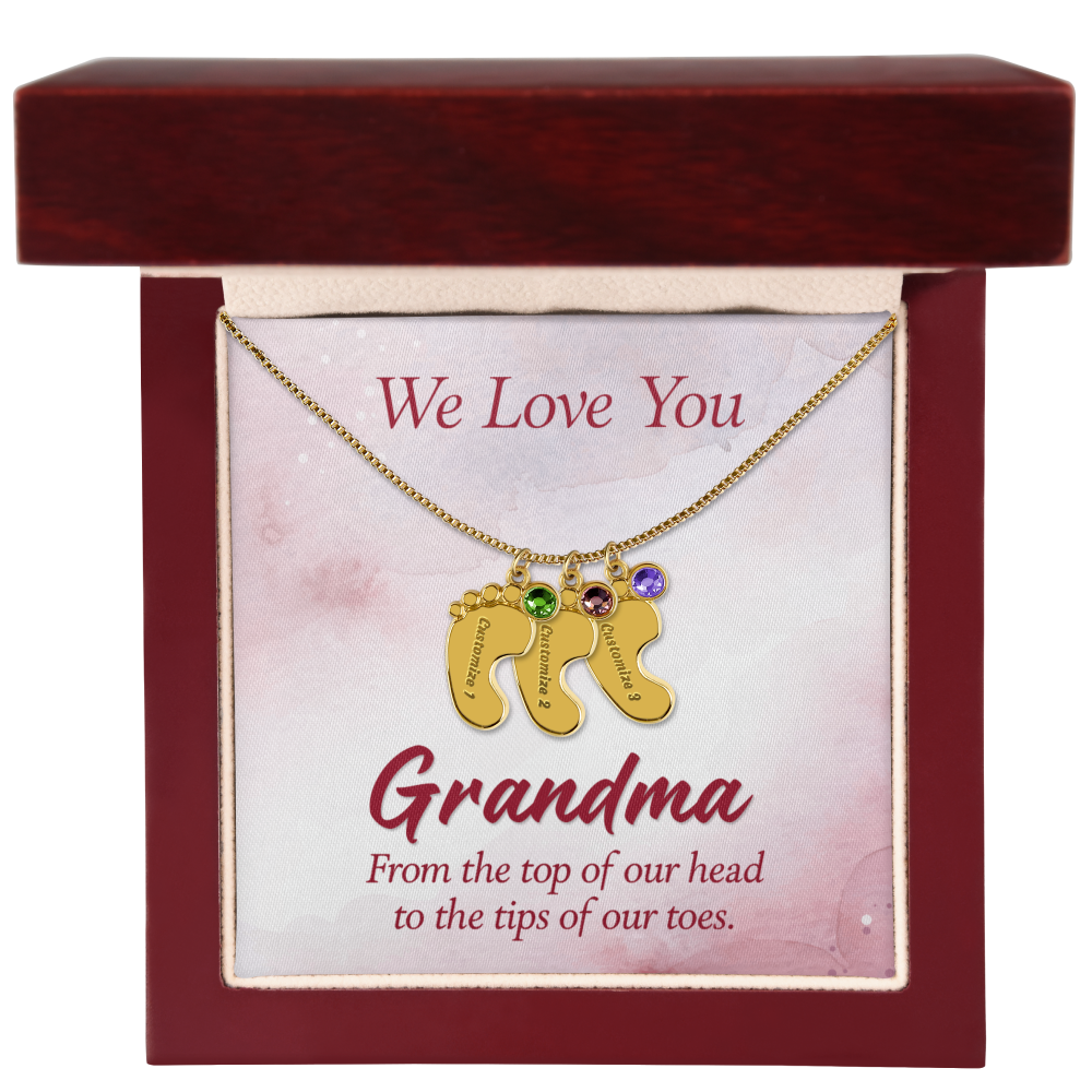 Engraved Baby Feet Necklace with Birthstone for Grandma - Mother's Day Gift