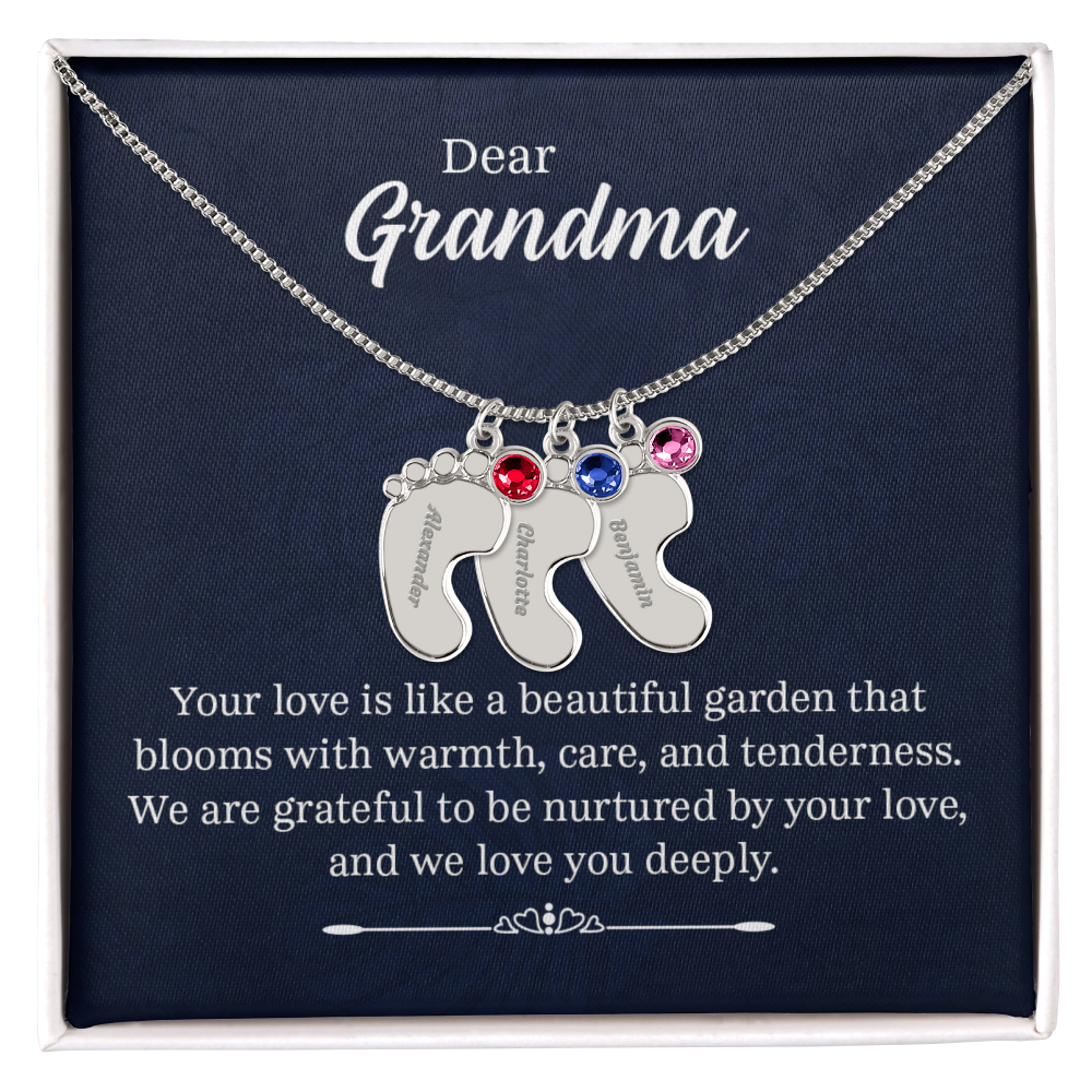 Engraved Baby Feet Necklace with Birthstone for Grandma - Mother's Day Gift